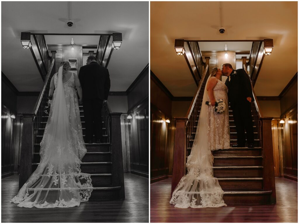 bride and groom portraits on wedding day on stairs at montvale event center