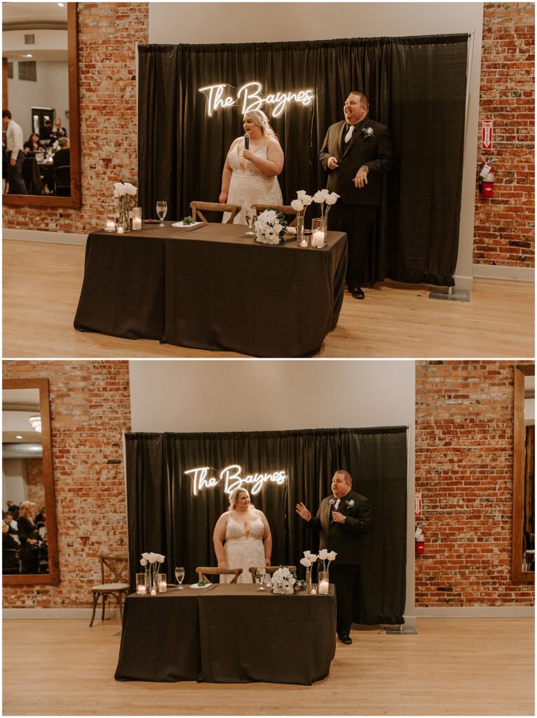 bride and groom speeches during wedding reception at montvale event center