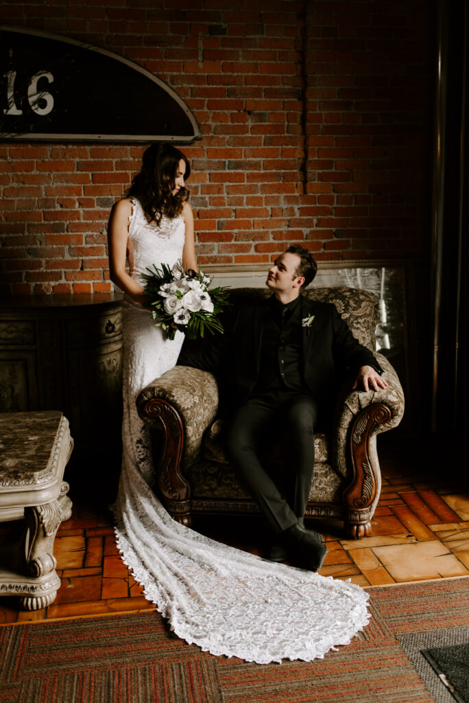 Bride and groom portrait at The Boxcar Room in Spokane