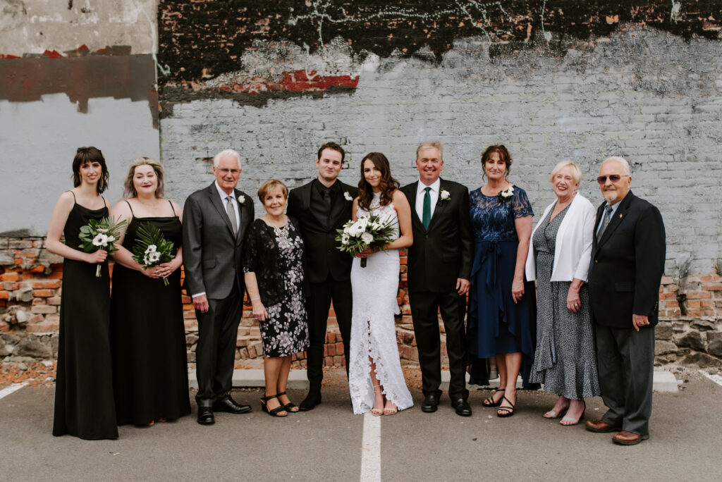 Bride and groom with the bride's family