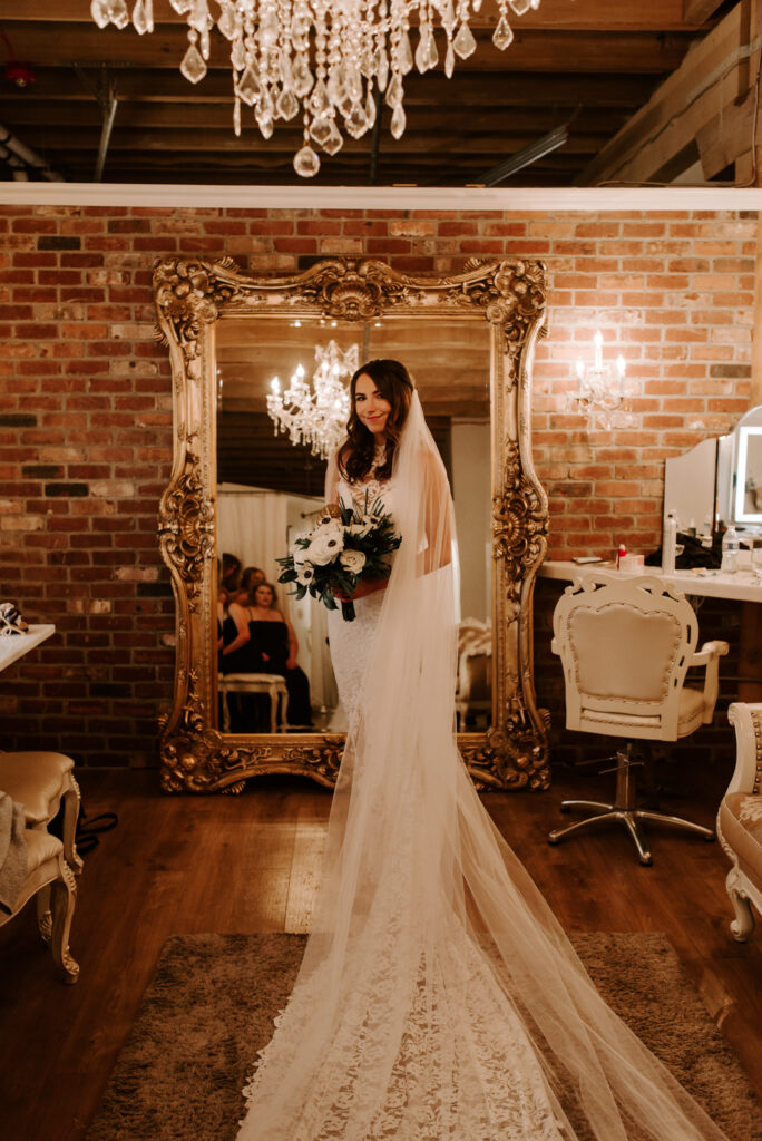 Portrait of the bride in the bridal suite of The Boxcar Room