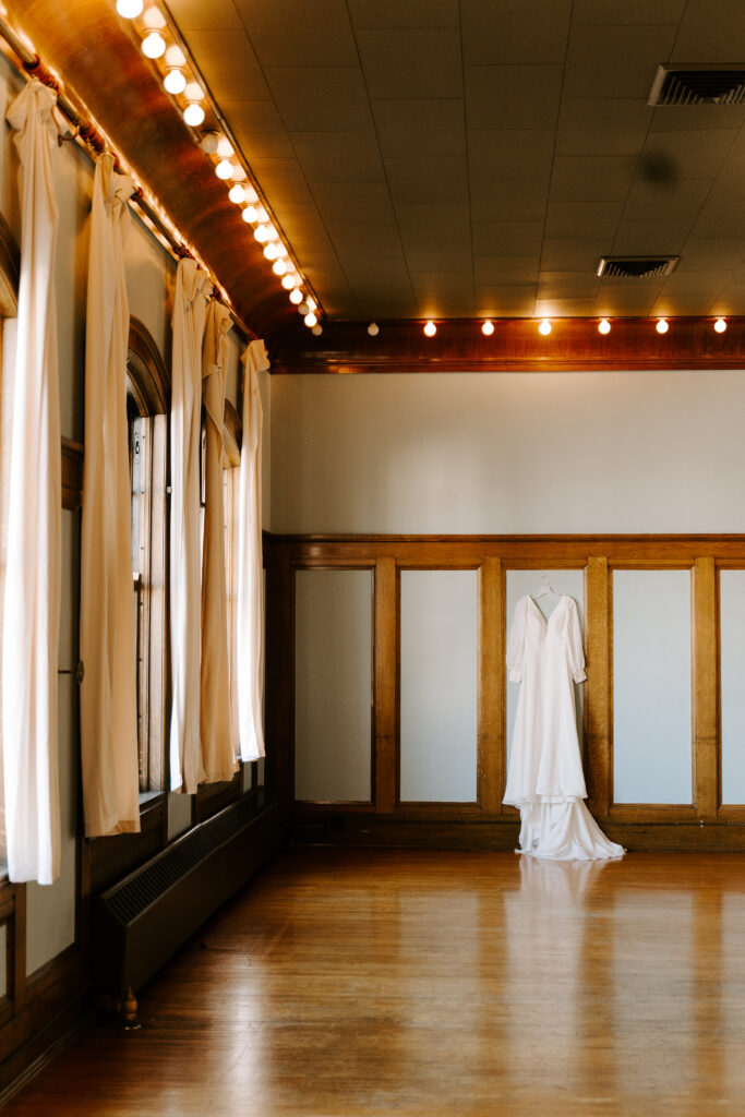 Wedding dress hanging in the Montvale Event Center