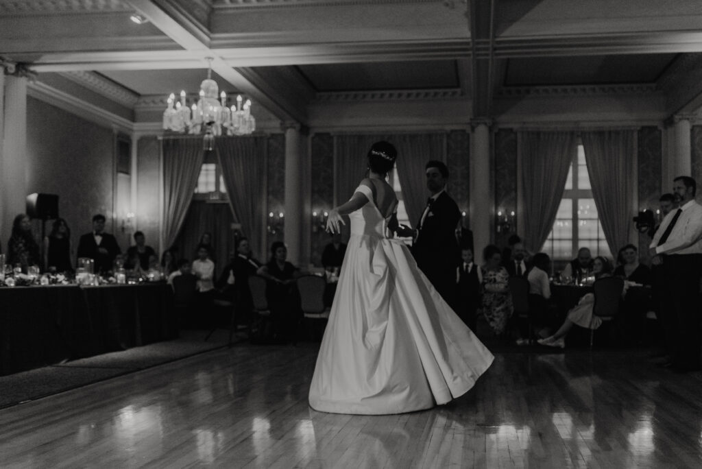 bride and groom first dance during reception at Spokane Club