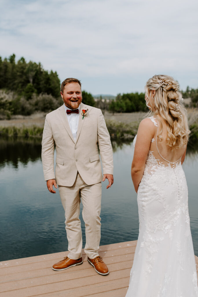 Noah has a huge smile on his face as he sees Kindsay for the first time on their wedding day.