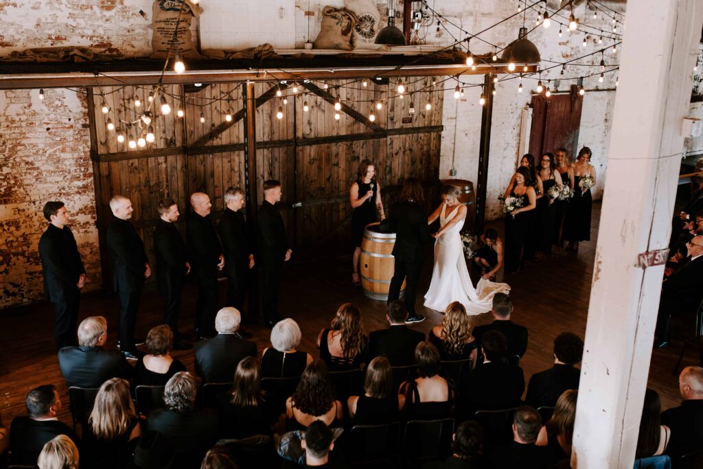 An overhead view of a wedding ceremony at Overbluff Cellars.